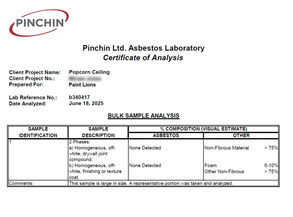 Asbestos test certificate from Pinchin laboratory showing negative results for popcorn ceiling sample tested by Paint Lions