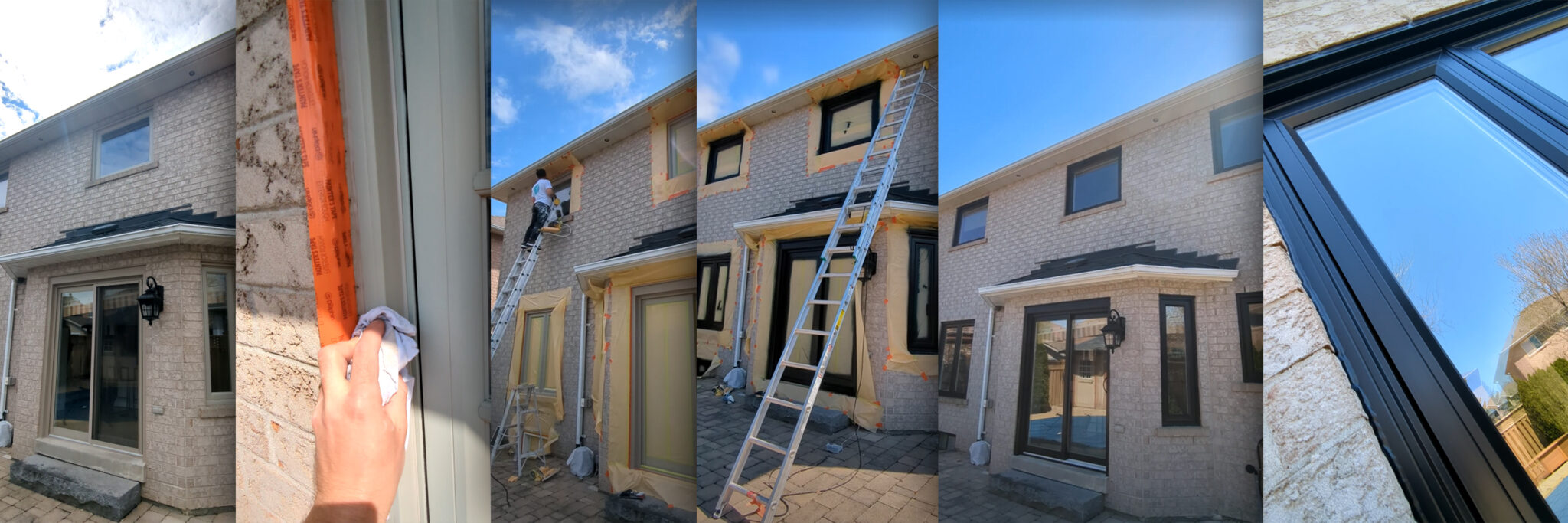 New construction home with vinyl windows masked and taped for professional spray painting