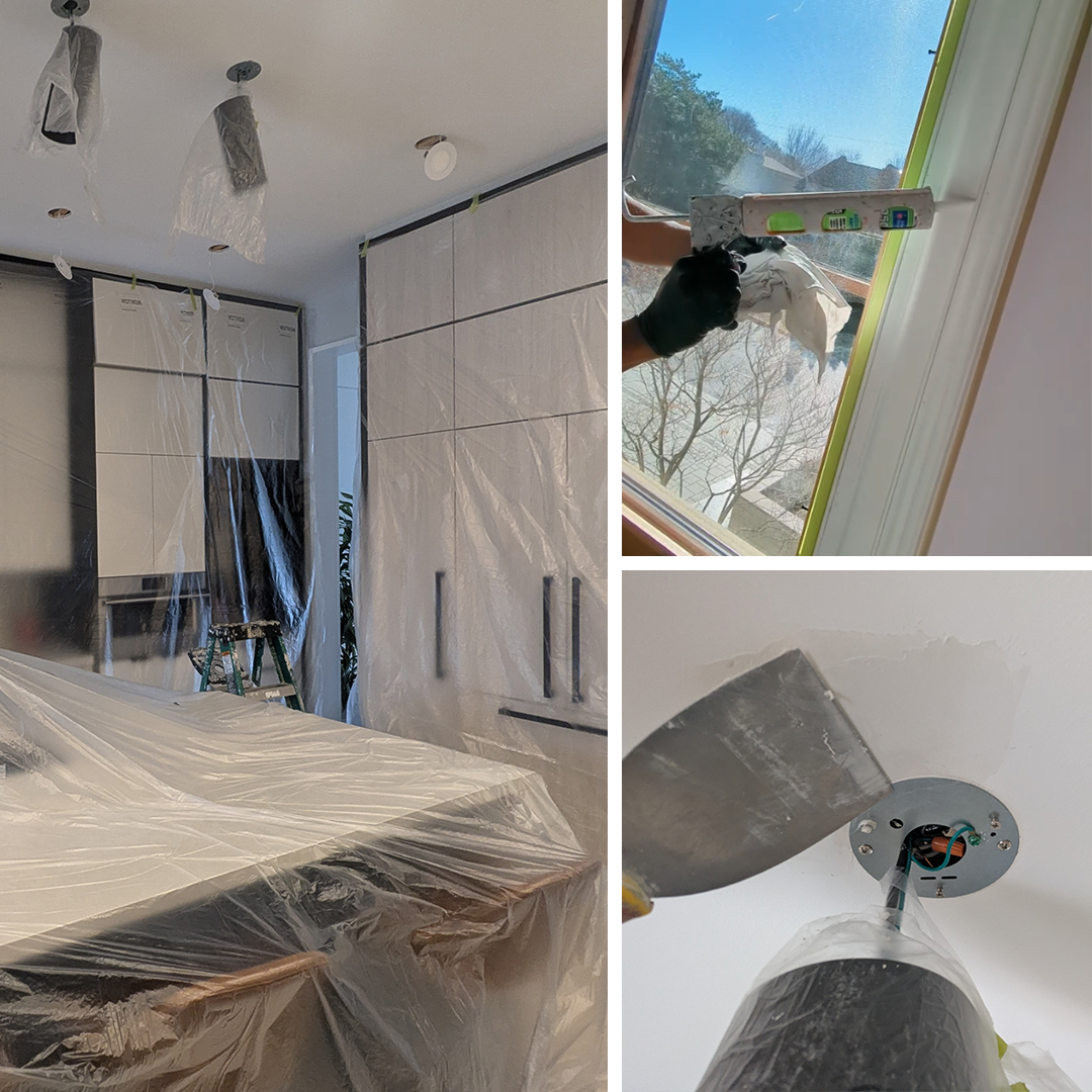 covered kitchen cabinets with plastic while painting ceiling in gta