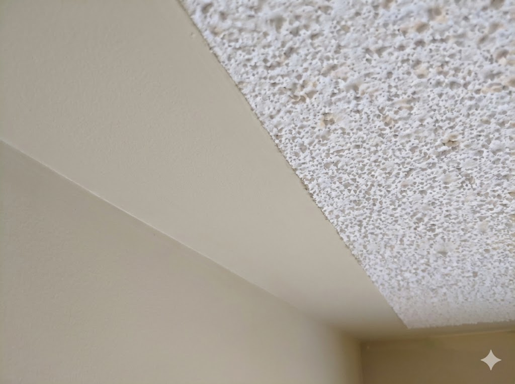 Popcorn ceiling with clean masked perimeter edge near walls requiring less labor to remove